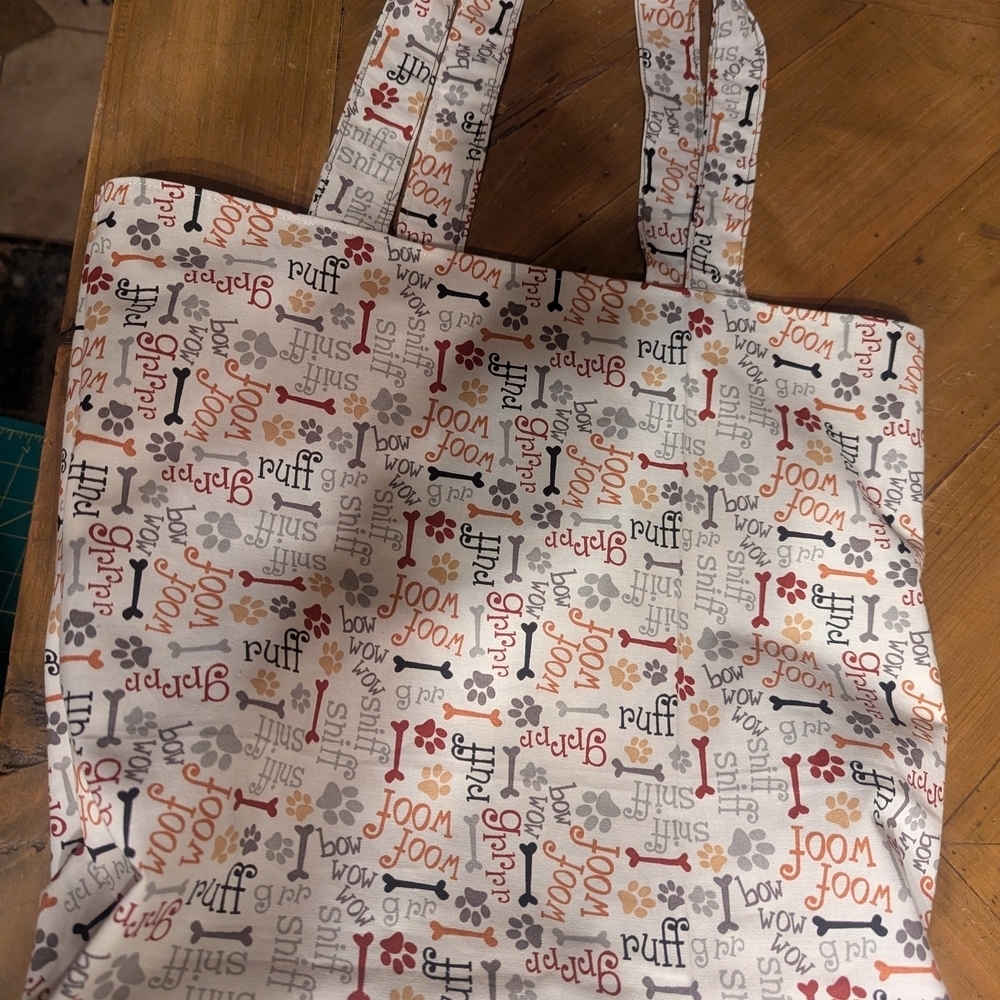 Fabric Tote Bag in Ivory with Multicolor Paw Print Reusable Grocery Bag Handmade